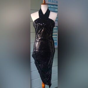 GUESS X Empire juliann sequin asymmetrical black halter dress limited collection